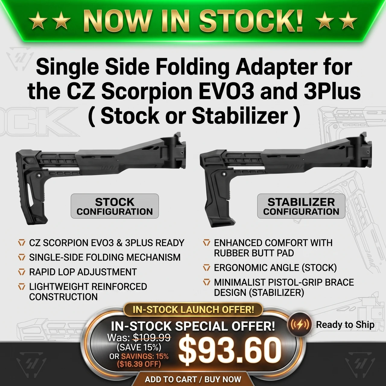 Strike Industries SI-FSA-SPCZ Single Side Folding Adapter for the CZ Scorpion EVO3 and 3Plus ( Stock or Stabilizer )