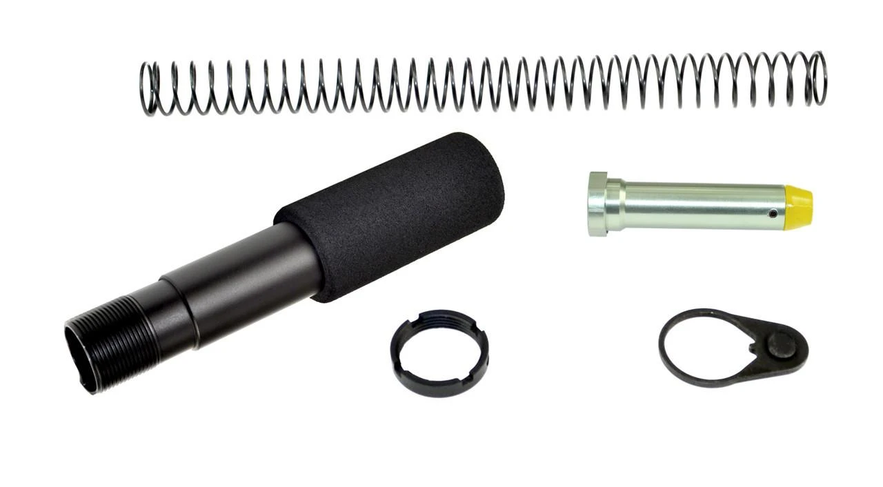 Davidson Defense USA Made AR15 Heavy Duty Pistol Buffer Tube Complete Kit, includes a buffer tube, spring, buffer, and accessories for firearm assembly.