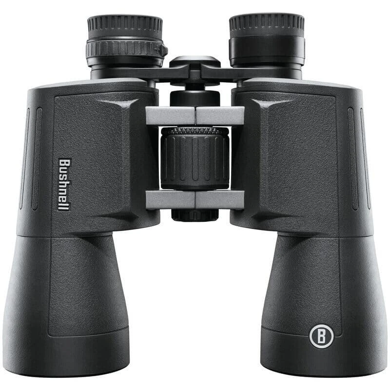 Bushnell PWV1250 Powerview 12x50 Wide Angle Binocular, Black, front view showing the binoculars' black textured body, large eyepieces, and central focusing wheel.