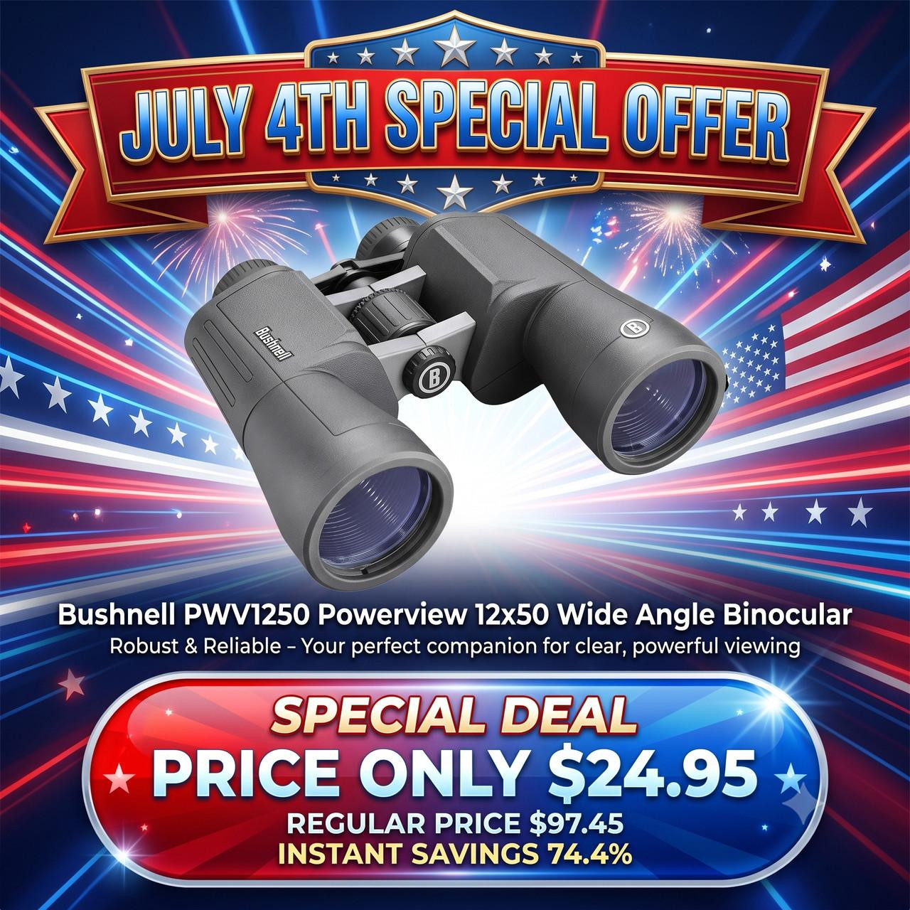 Bushnell PWV1250 Powerview 12x50 Wide Angle Binocular, Black