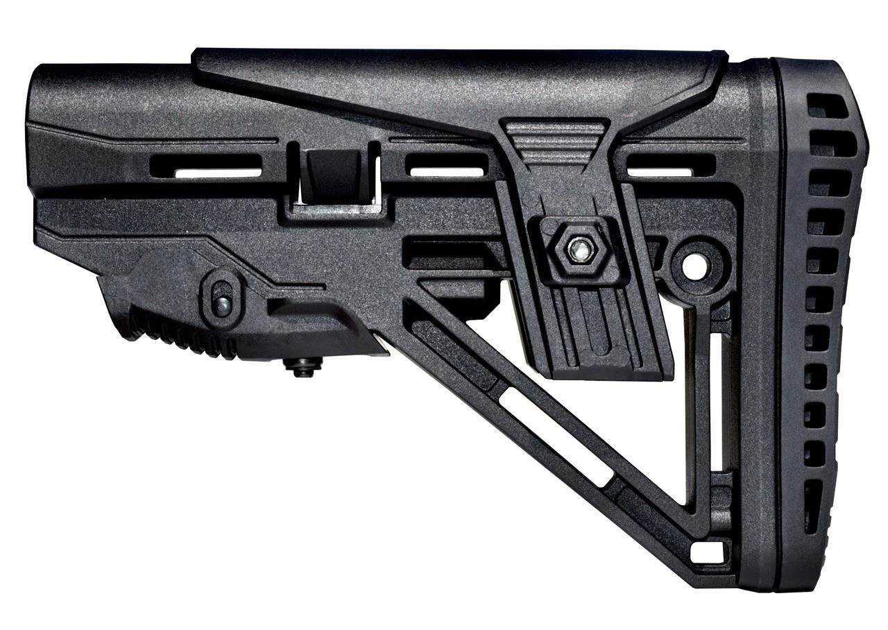 ABC Sport Z Made in USA AR15/M16/M4 Mil-Spec Enhanced Stock - Advanced Recoil Dampener Suspension System, Polymer Cheek Riser + Screwed, Rubberized Recoil Pad, image of a black tactical adjustable rifle stock.