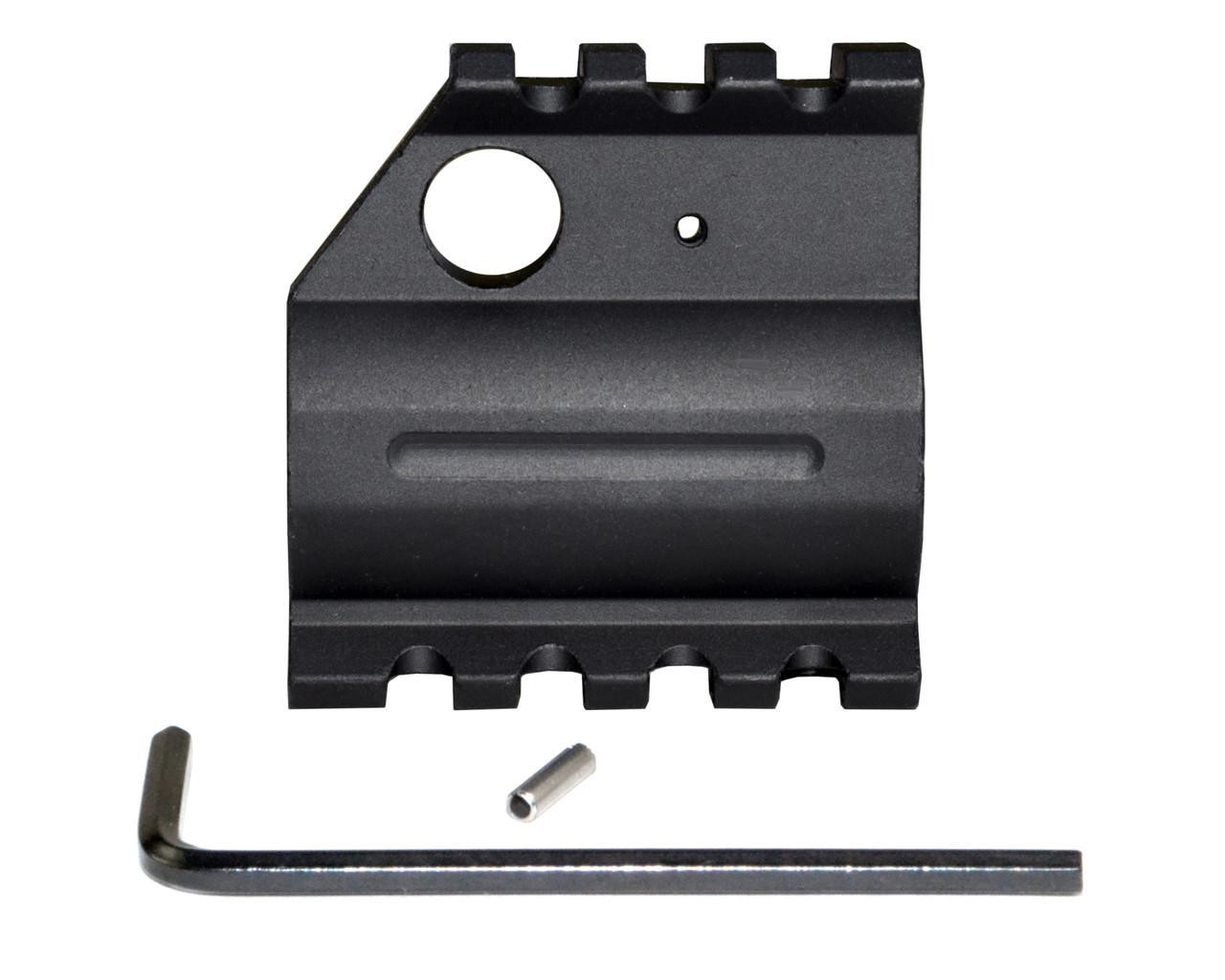 ABCSportZ MHQGB 0.750” AR-15 Railed Gas Block, HIGH PROFILE, black metal upper rail gas block with mounting pegs, Allen wrench, and a small pin for installation.