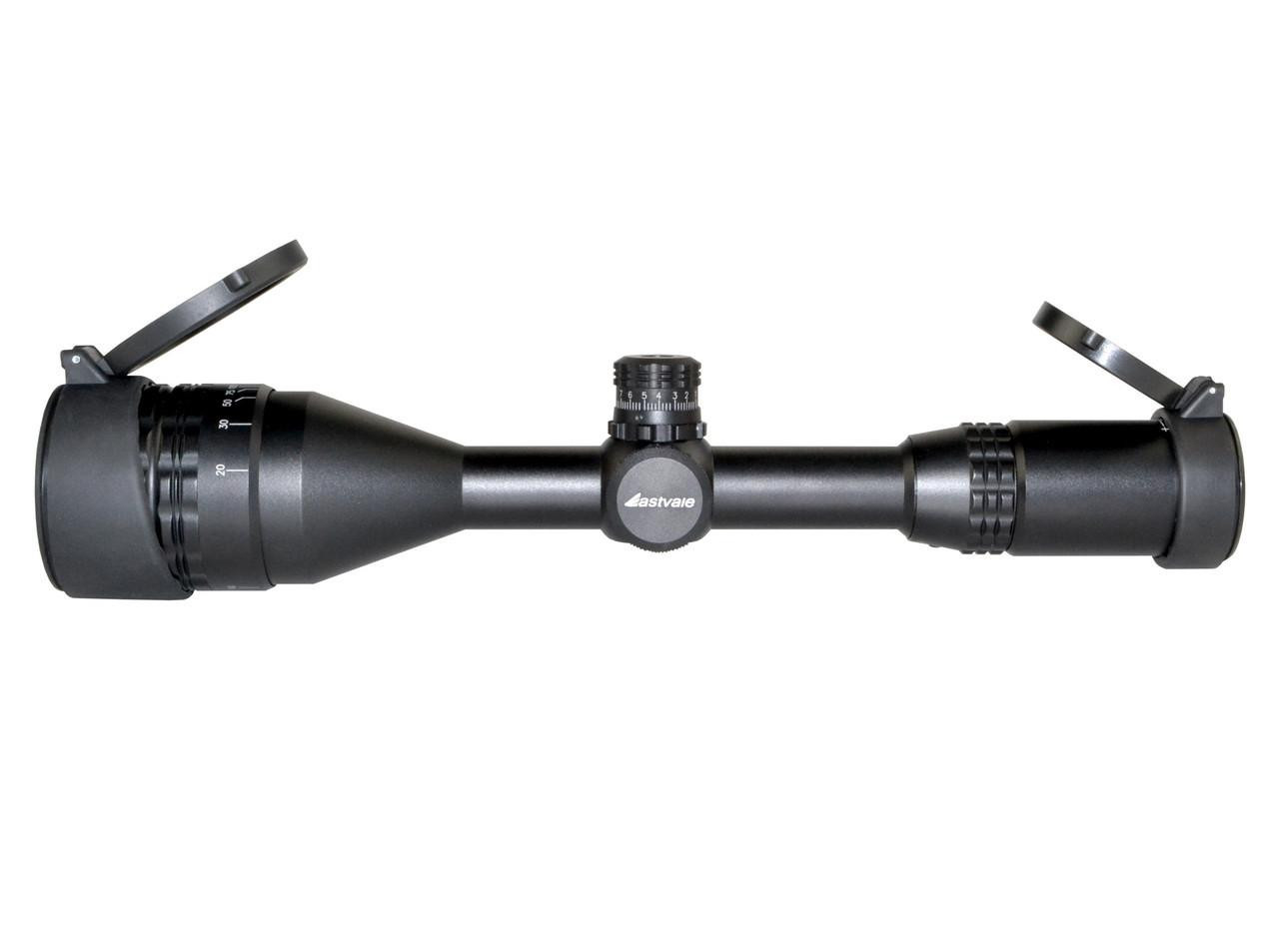 Eastvale EV3-9X50AOL 3-9X50AOL R/G/B Illuminated Mil-Dot Range Estimating Scope, black rifle scope with adjustable features and illumination.
