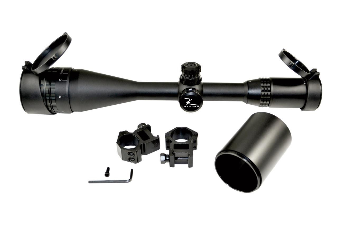 Kexuan 4-16X50AOL Scope With Front AO, R/G/B Tri-Illumination Mil-Dot Reticle by Sniper, black rifle scope with adjustable zoom, lens covers, mounting rings, and mounting hardware.