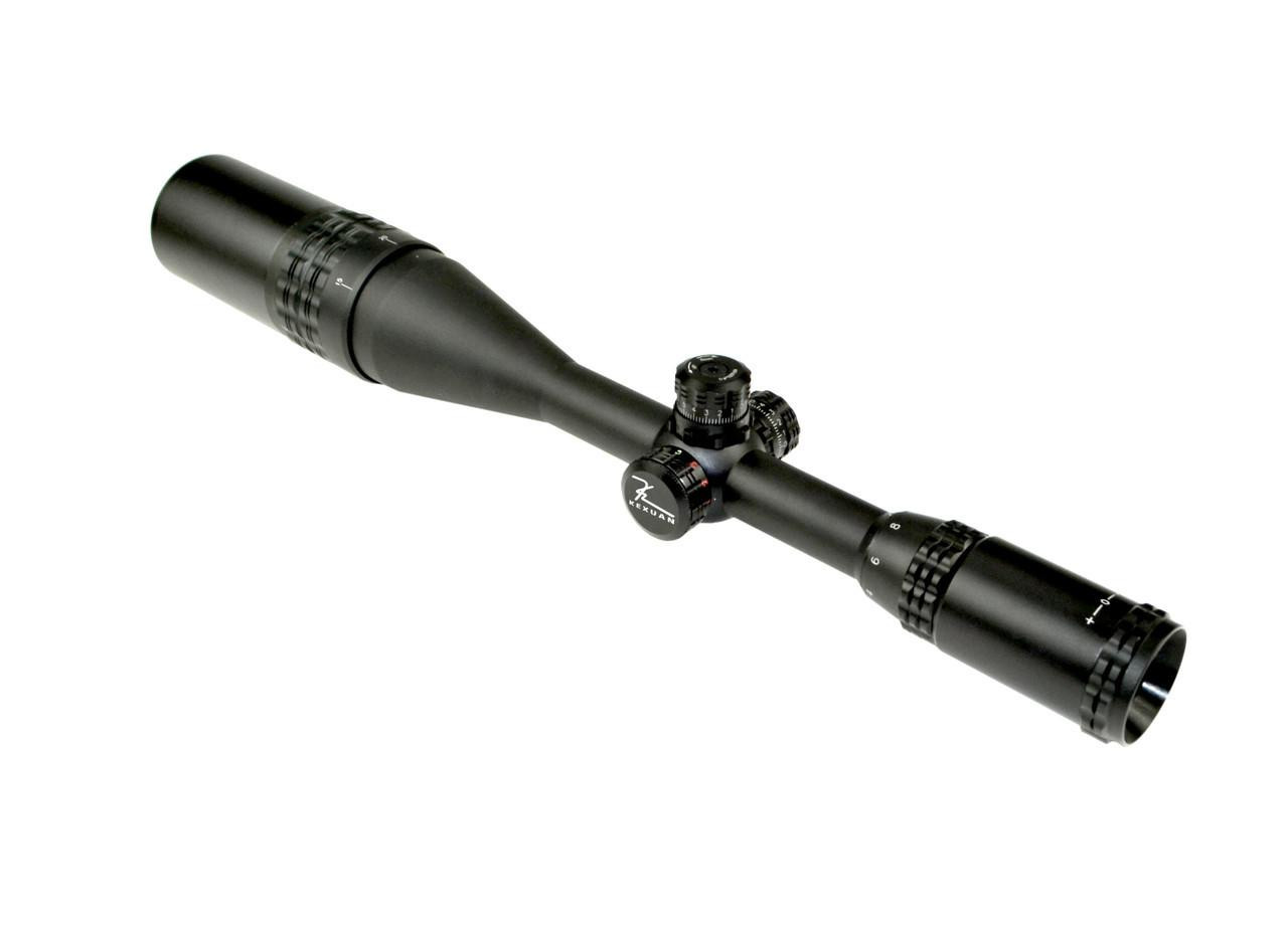 Kexuan 4-16X50AOL Scope With Front AO, R/G/B Tri-Illumination Mil-Dot Reticle by Sniper, black rifle scope with adjustable magnification and illuminated reticle for precision targeting.