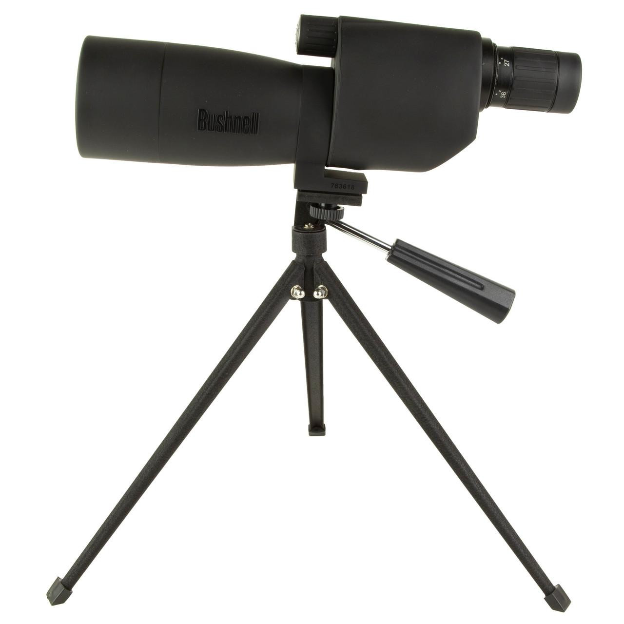 Bushnell 783618 Sentry HDOS 18-36x50mm Porro Prism Spotting Scope, black compact spotting scope mounted on a tripod for outdoor observation.