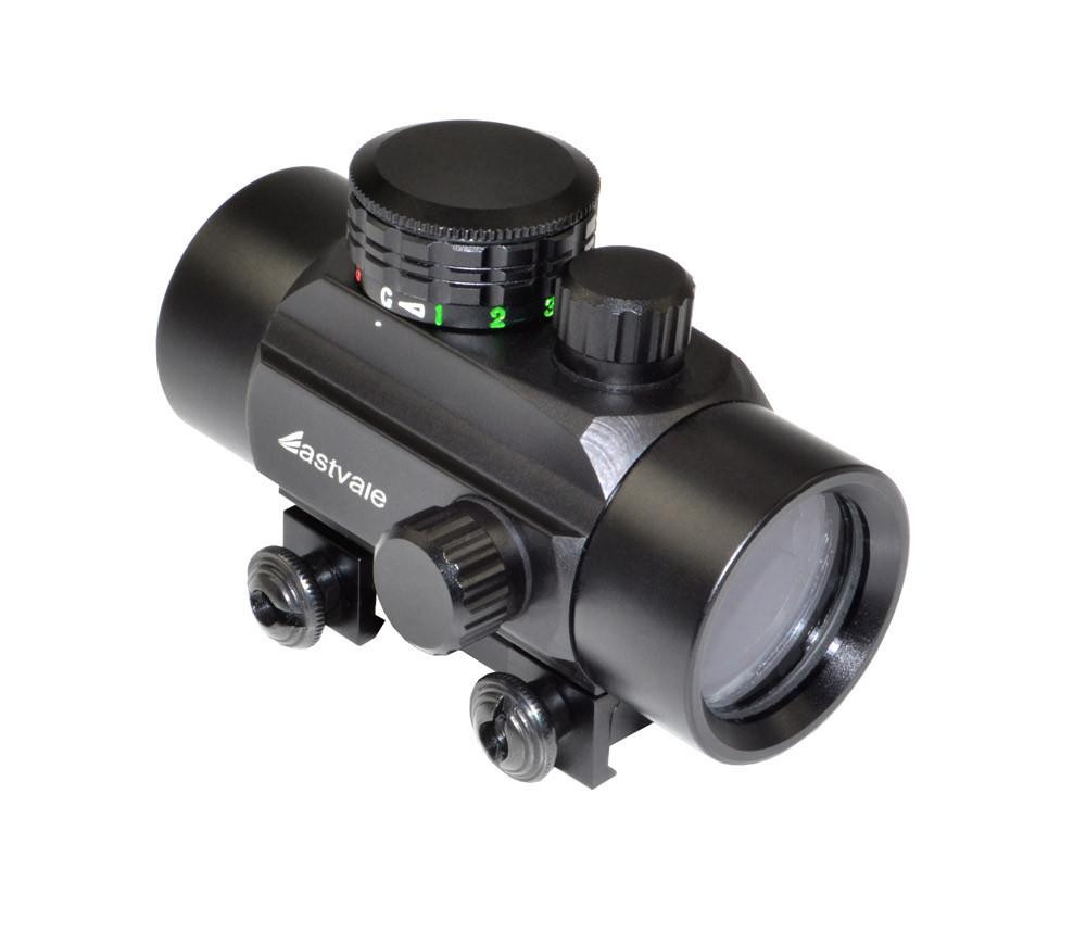Eastvale Compact 30mm Red/Green Dot Sight w/ Picatinny Mount, close-up of the black tactical sight with adjustment knobs and lens