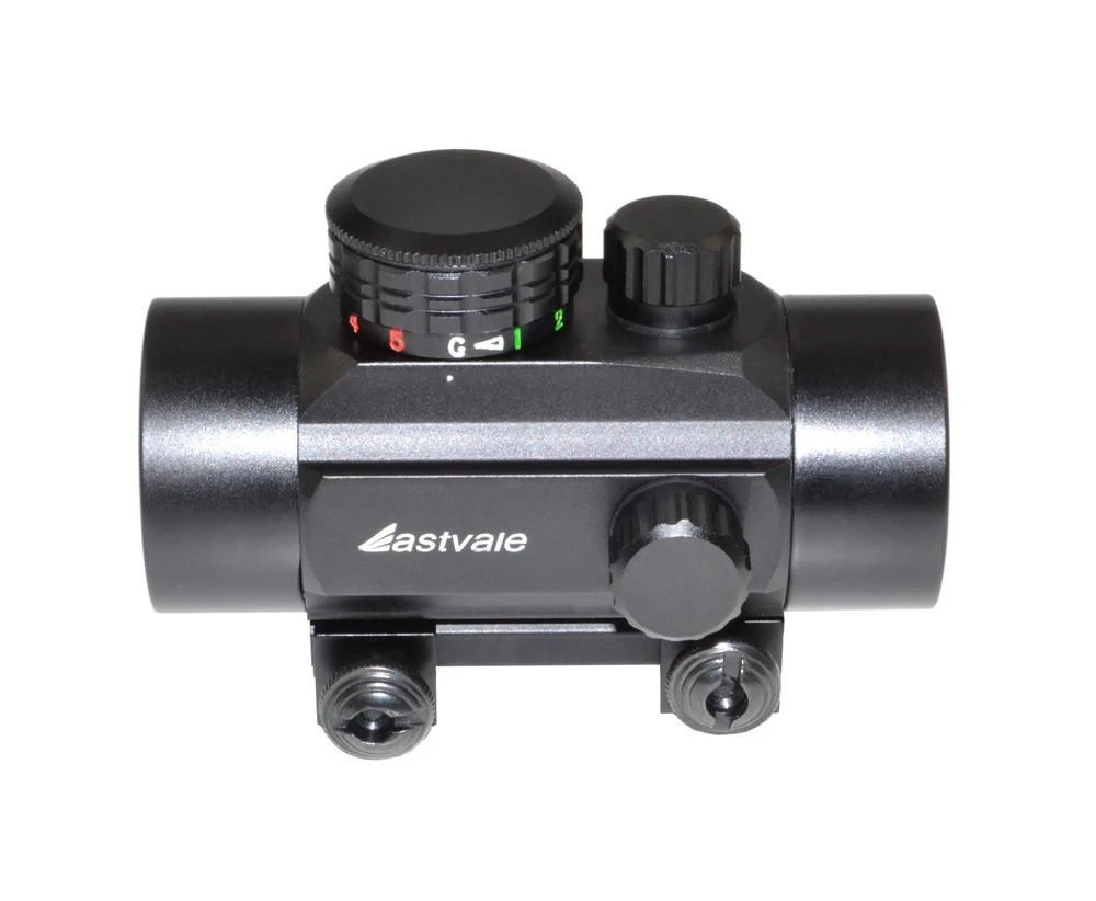 Eastvale Compact 30mm Red/Green Dot Sight with Picatinny Mount, close-up image showing the optic with adjustment knobs and branding on the side.
