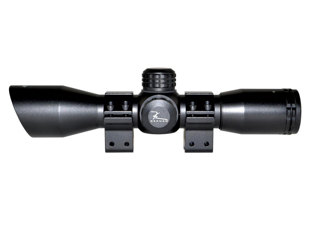 Kexuan 4X32 Compact Scope with Red/Green 5 Line Reticle and 1 inch Dovetail Scope Rings, black rifle scope for hunting and shooting.