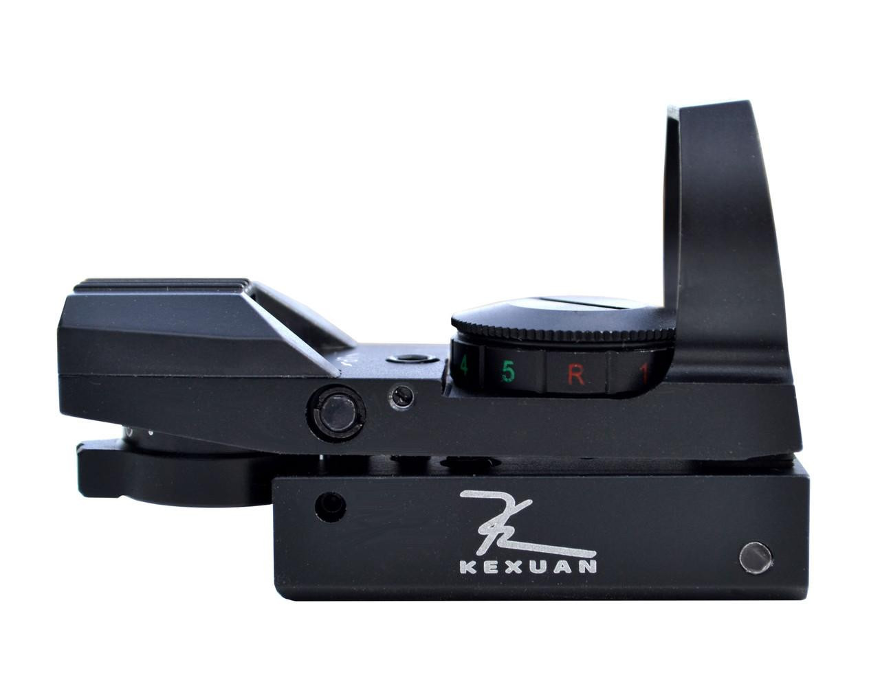 Kexuan Mini Reflex Red/Green Dot Sight with 4 Reticle Patterns, Dovetail Mount, detailed view of compact tactical firearm aiming device.