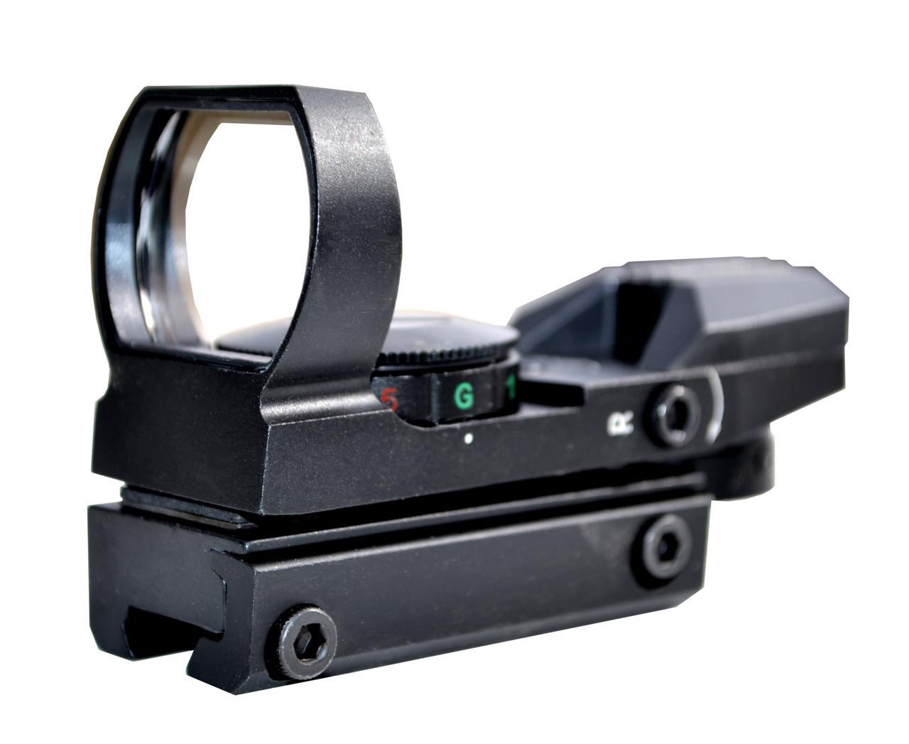 Kexuan Mini Reflex Red/Green Dot Sight with 4 Reticle Patterns, Dovetail Mount, close-up view of compact firearm accessory with adjustable reticle settings.