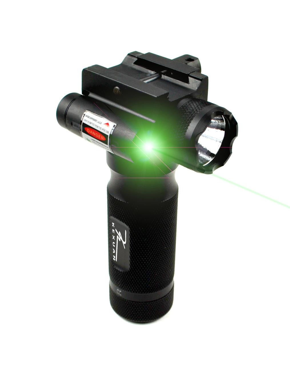 Kexuan Tactical LED Aluminum Front Grip Flashlight and Green Laser Sight Combo [GPGL01], image showing a black tactical flashlight with a green laser beam emitted from the front.