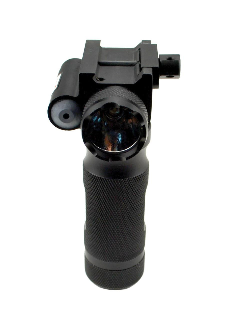 Kexuan Tactical LED Aluminum Front Grip Flashlight and Green Laser Sight Combo [GPGL01], tactical flashlight and green laser sight mounted on a black aluminum front grip.