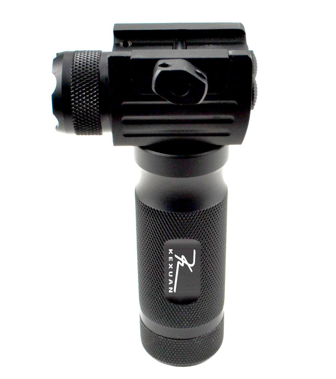 Kexuan Tactical LED Aluminum Front Grip Flashlight and Green Laser Sight Combo [GPGL01], black tactical flashlight with adjustable focus, mountable green laser sight, and textured grip handle.