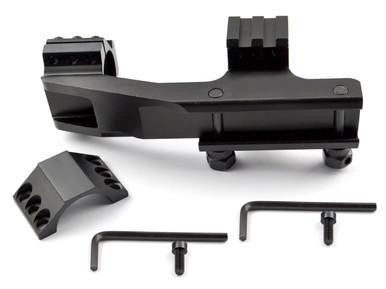 Presma 1" High Profile Cantilever Scope Mount with removable 45° mini rails, black mount with mounting hardware and accessories.