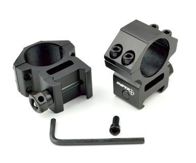 Presma 1-inch Medium Profile Scope Rings for Picatinny Rail, black scope rings with mounting screws and hex key for securing on rifle scope.
