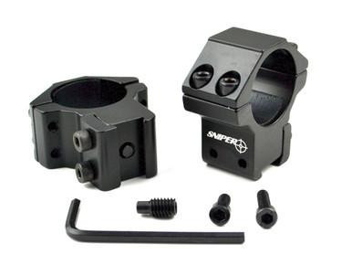 Presma 1-inch Medium Profile Scope Rings For Dovetail System, image of scope rings with mounting screws and Allen wrench.