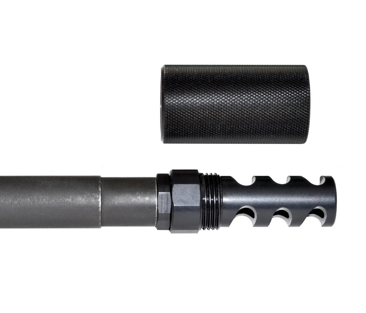 Presma 1/2"x28 Muzzle Brake for 223/5.56, Blast Forwarding Sound Redirect, Steel, Black [MZ-04-01-B], image showing the black steel muzzle brake with multiple cutouts and a separate cylindrical component.