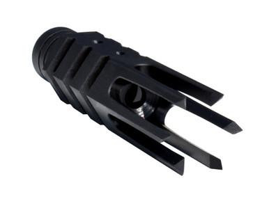 Presma 1/2x28 6 Prong Muzzle Brake for AR-15, Steel, Black [MZ-23-01-B], image showing a black steel muzzle brake with 6 prongs and venting slots for firearm recoil reduction.