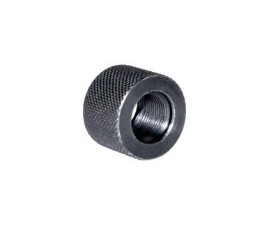 Presma 1/2x28 BULL Barrel Thread Protector, small black carbon steel threaded cylindrical cap with knurled surface and internal threading.
