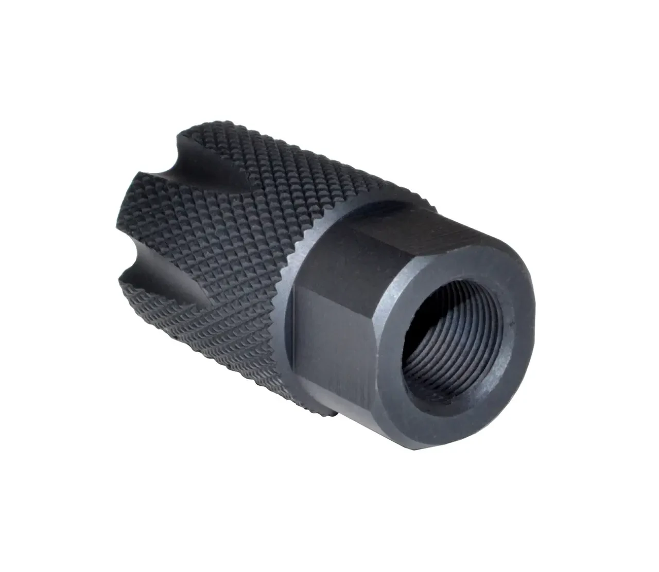 Presma MZ-08S-01-B 1/2x28 Competition Muzzle Brake for .223/5.56, black phosphate-finished muzzle brake with a textured body, side ports, and visible threaded opening, shown on a white background.