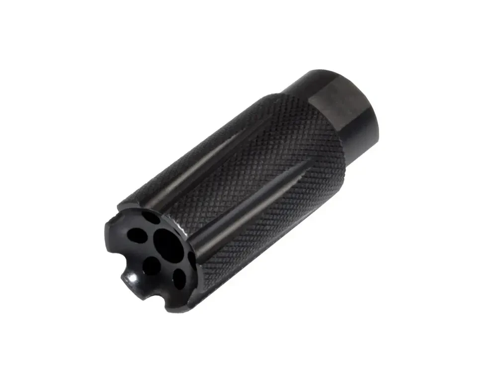 Presma MZ-08-01-B Competition Grade Muzzle Brake for .223/5.56, black cylindrical muzzle brake with a knurled body and multiple front-facing ports, shown isolated on a white background
