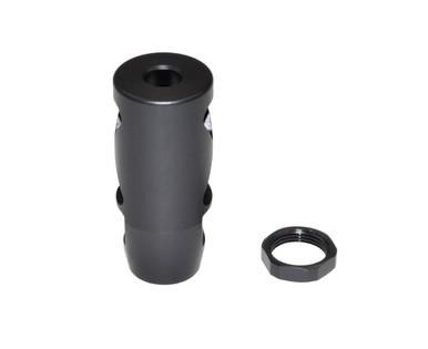 Presma 1/2x28 Competition Grade Muzzle Brake, Steel with Black Phosphate Finish - AR-15 .223/5.56, image shows a cylindrical black muzzle brake with a separate black locking nut next to it.