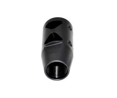 Presma 1/2x28 Muzzle Brake for 9mm, steel black muzzle brake with vent holes and threaded attachment for firearm barrel.