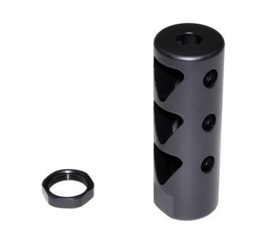 Presma 1/2x28 Muzzle Brake, Steel with Black Phosphate Finish - AR-15, cylindrical black metal muzzle brake with a matching nut for attachment.