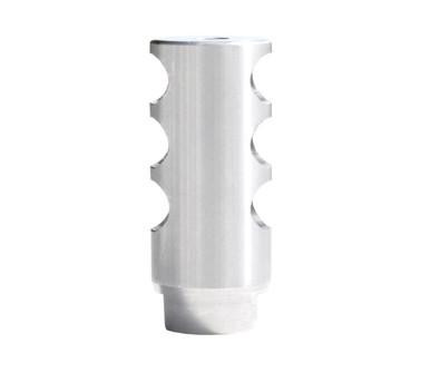 Presma 1/2x28 Short Muzzle Brake with Wrench flats - Stainless Steel - AR-15 .223/5.56, image of a stainless steel muzzle brake with wrench flats and internal threading for AR-15 rifles.