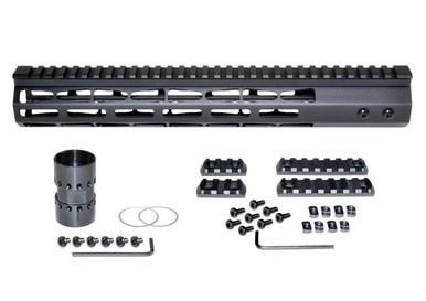 Presma 13" Presma AR-10 LR 308 DPMS LOW Super Light M-LOK Series Free Float Handguard, black lightweight modular handguard with M-LOK slots and mounting hardware for firearms customization.