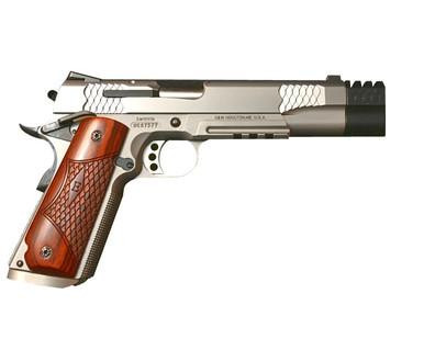 Presma 1911 Handgun Muzzle Brake, Fits 5-inch Government Barrel, Black, installed on a semi-automatic pistol.