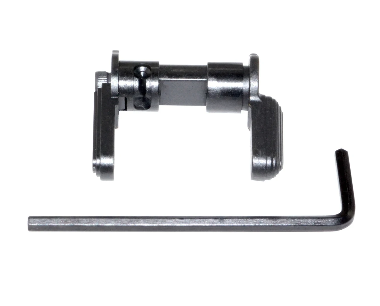 Presma 223/5.56 Ambidextrous Safety Selector Switch, black metal tactical firearm safety switch with textured levers for easy grip and control.