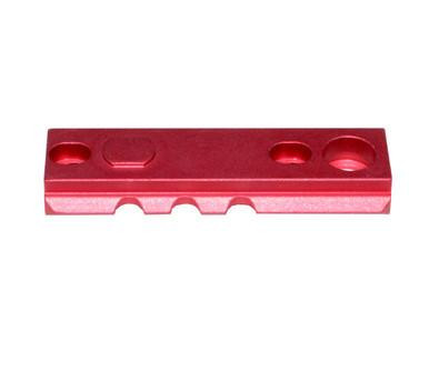 Presma 3 Piece Picatinny Rail Section Kit for Keymod Style Slots, Red, close-up view of the red metallic rail section with multiple slots and mounting holes.