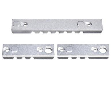 Presma 3 Piece Picatinny Rail Section Kit for Keymod Style Slots, Silver, three mounted sections with evenly spaced slots for attaching accessories.
