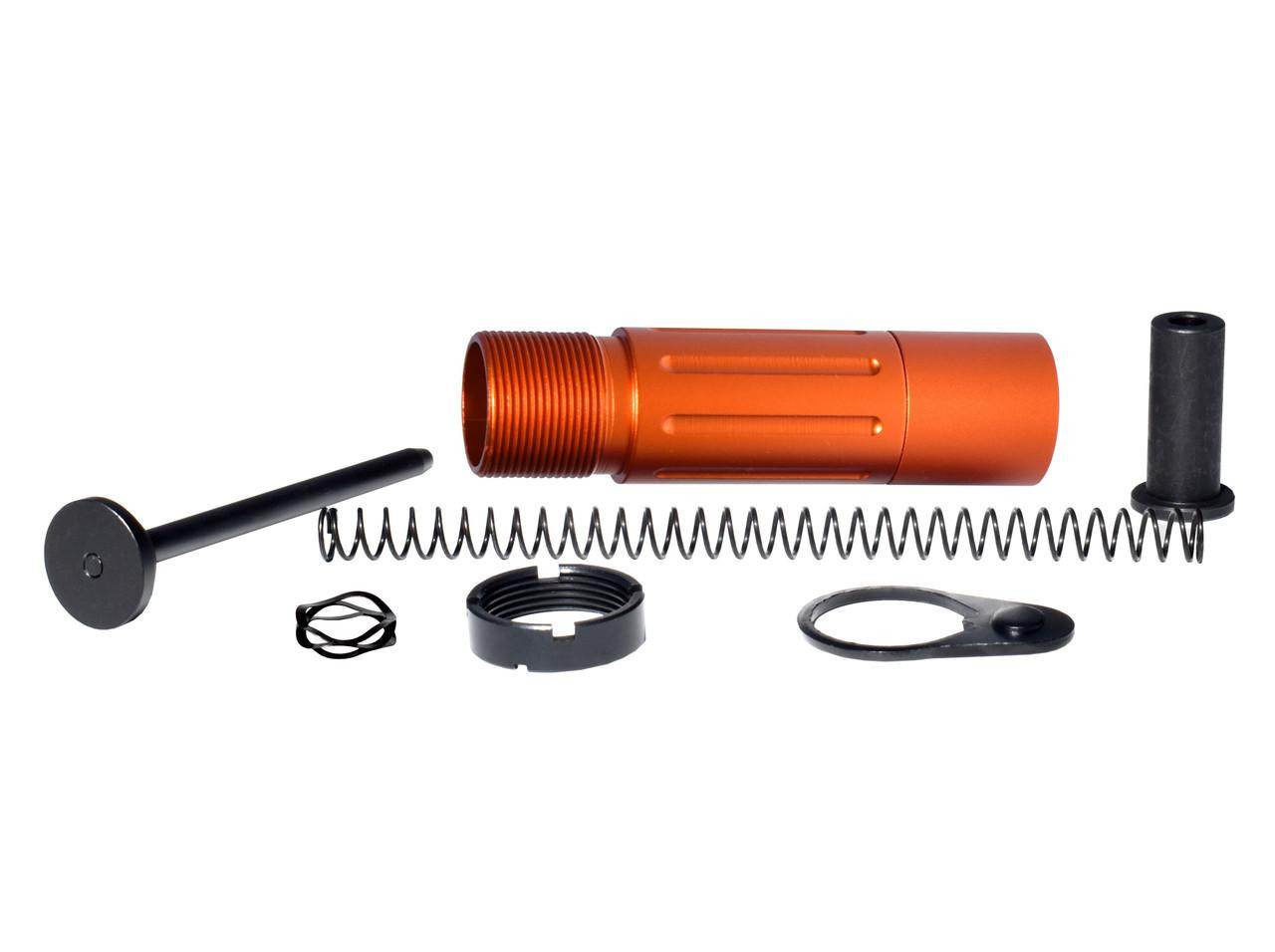 Presma 3.5" Short Buffer Tube System, Orange - Disassembled buffer tube with spring, end plate, and other components shown.