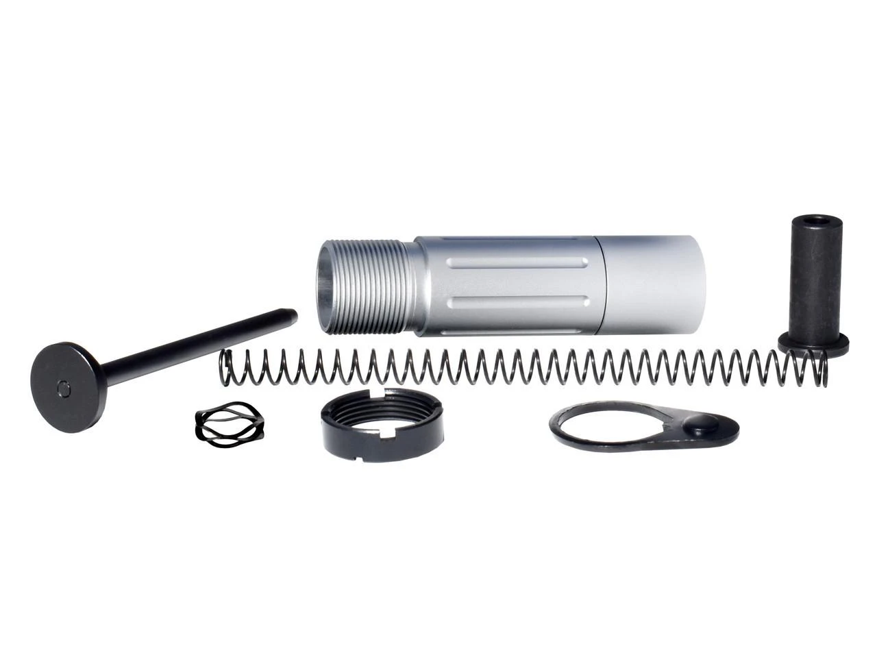 Presma 3.5" Short Buffer Tube System, Silver with components including spring, buffer, end plate, and tube