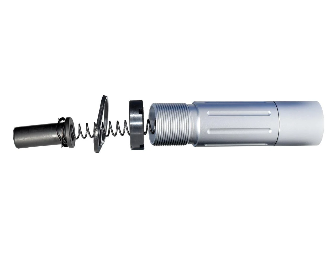 Presma 3.5" Short Buffer Tube System, Silver [AS5P14-S], disassembled buffer tube system with spring, buffer, and outer tube.