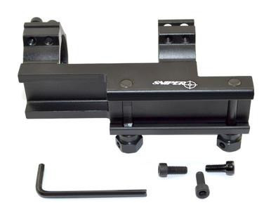 Presma 30mm High Profile Cantilever Scope Mount [PT-30EX43], black metal scope mount with mounting screws and an Allen wrench.