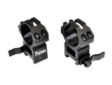 Presma 30mm Quick Release High Profile Scope Rings for Picatinny/Weaver Rails, black scope rings with quick release lever and mounting screws.