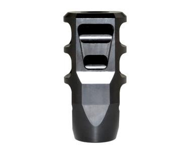 Presma 49/64"x20 Muzzle Brake for .50 Beowulf, Black [MZ-18-09-B], close-up of the black muzzle brake designed to attach to the firearm's barrel to reduce recoil and muzzle rise.