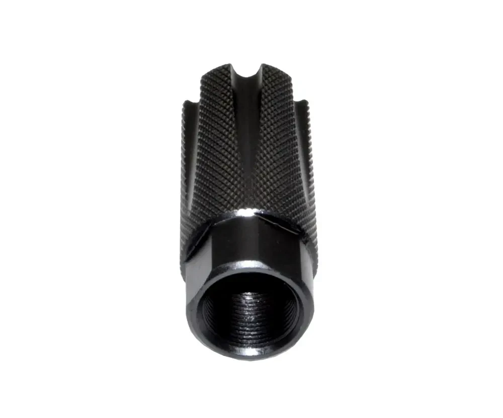 Presma MZ-08-02-B Muzzle Brake, black steel .308 caliber competition recoil compensator shown upright with a threaded opening and textured sides