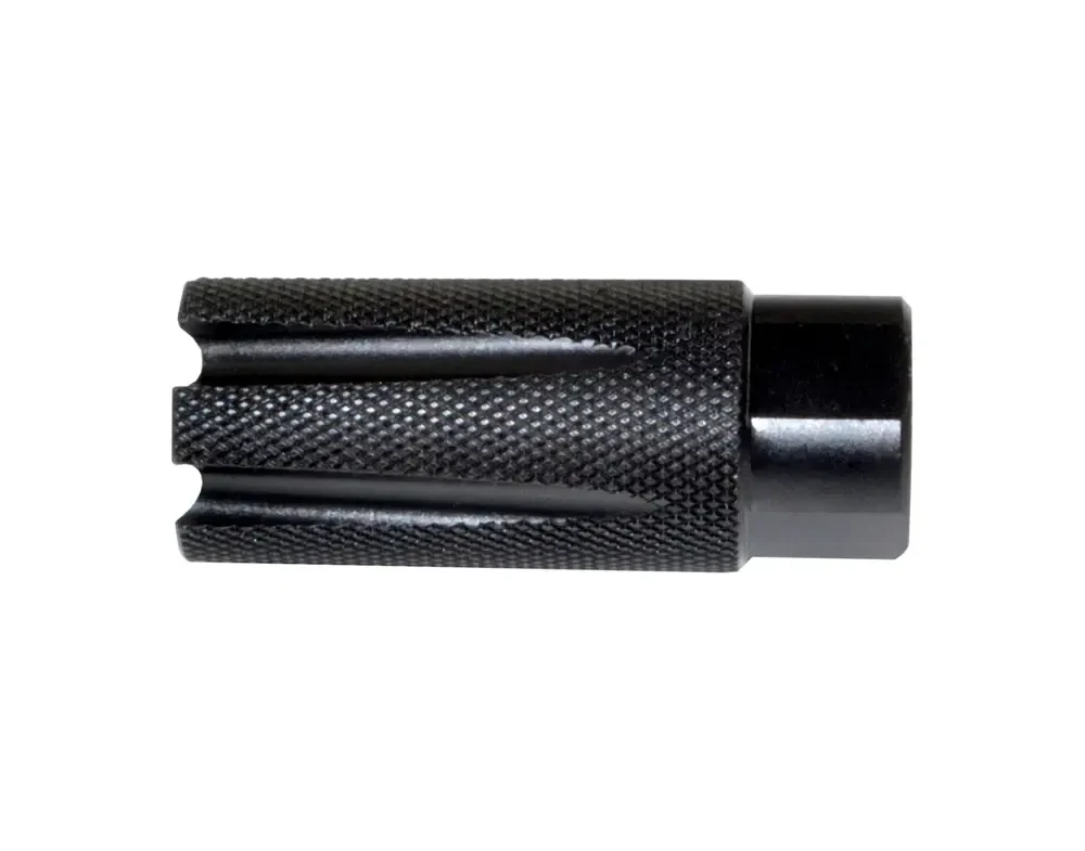 Presma MZ-08-02-B Muzzle Brake, black steel .308 caliber competition recoil compensator with textured body and side ports shown on a white background