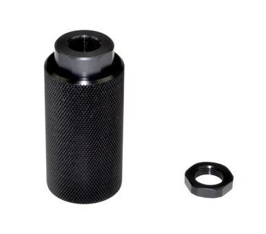 Presma 5/8x24 for .308 Muzzle Device w Sound Redirect, a black threaded firearm muzzle device with a textured exterior and a matching nut for secure attachment.