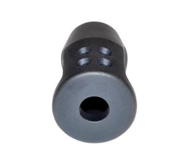 Presma 5/8x24 Muzzle Brake, Black Steel - .308, front view showing the cylindrical shape, external threads, and ventilation holes for reducing recoil and muzzle rise.