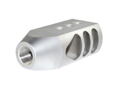 Presma 5/8x32 .450 Bushmaster or .458 SOCOM Competition Grade Muzzle Brake - Stainless Steel [MZ-07-04-SS], close-up of the stainless steel muzzle brake with multiple vents and threaded interior for firearm attachment.