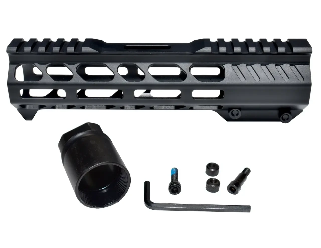 Presma MMARH8 8.2-inch M-LOK Free Float Handguard with Integrated Hand Stop for 223/5.56 Uppers, black aluminum rifle handguard with M-LOK slots, included mounting hardware and handstop.
