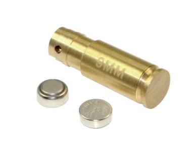 Presma 9mm Red Laser Bore Sight [BSRL9], a brass-colored cylindrical device with a flat end and two small batteries included.