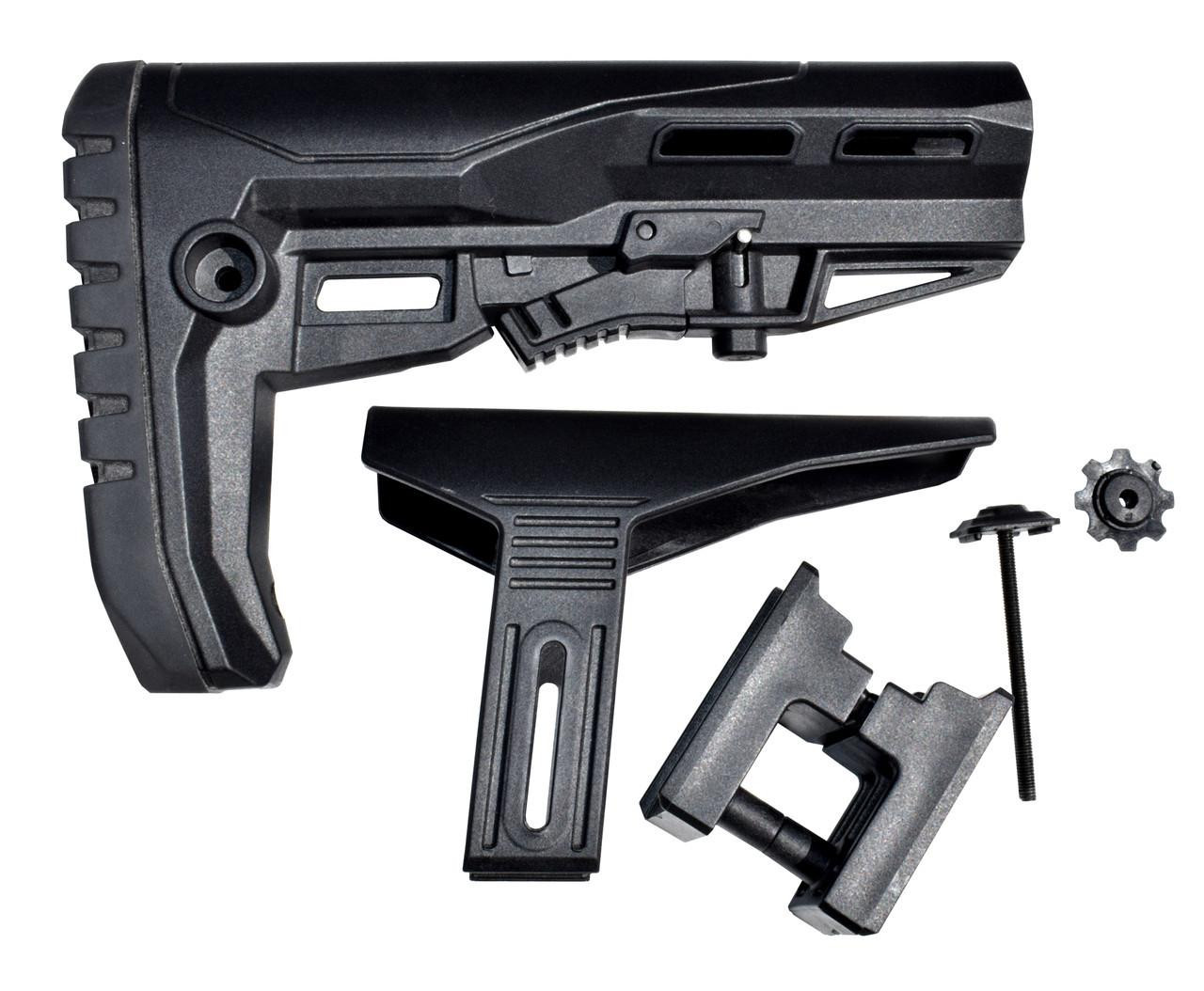 Presma AAST30 Mil-Spec Enhanced Stock with Polymer Cheek Riser, Screws, and Rubberized Recoil Pad, assembled components for firearm upgrade.