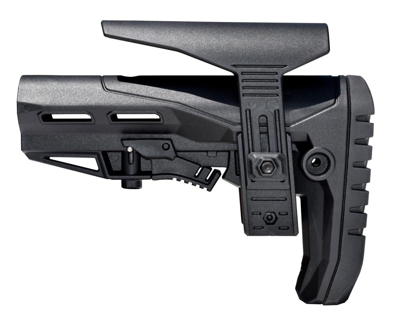 Presma AAST30 Mil-Spec Enhanced Stock with Polymer Cheek Riser + Screwed, Rubberized Recoil Pad, side view of the firearm stock showing the adjustable cheek riser and sturdy recoil pad for enhanced shooting stability.